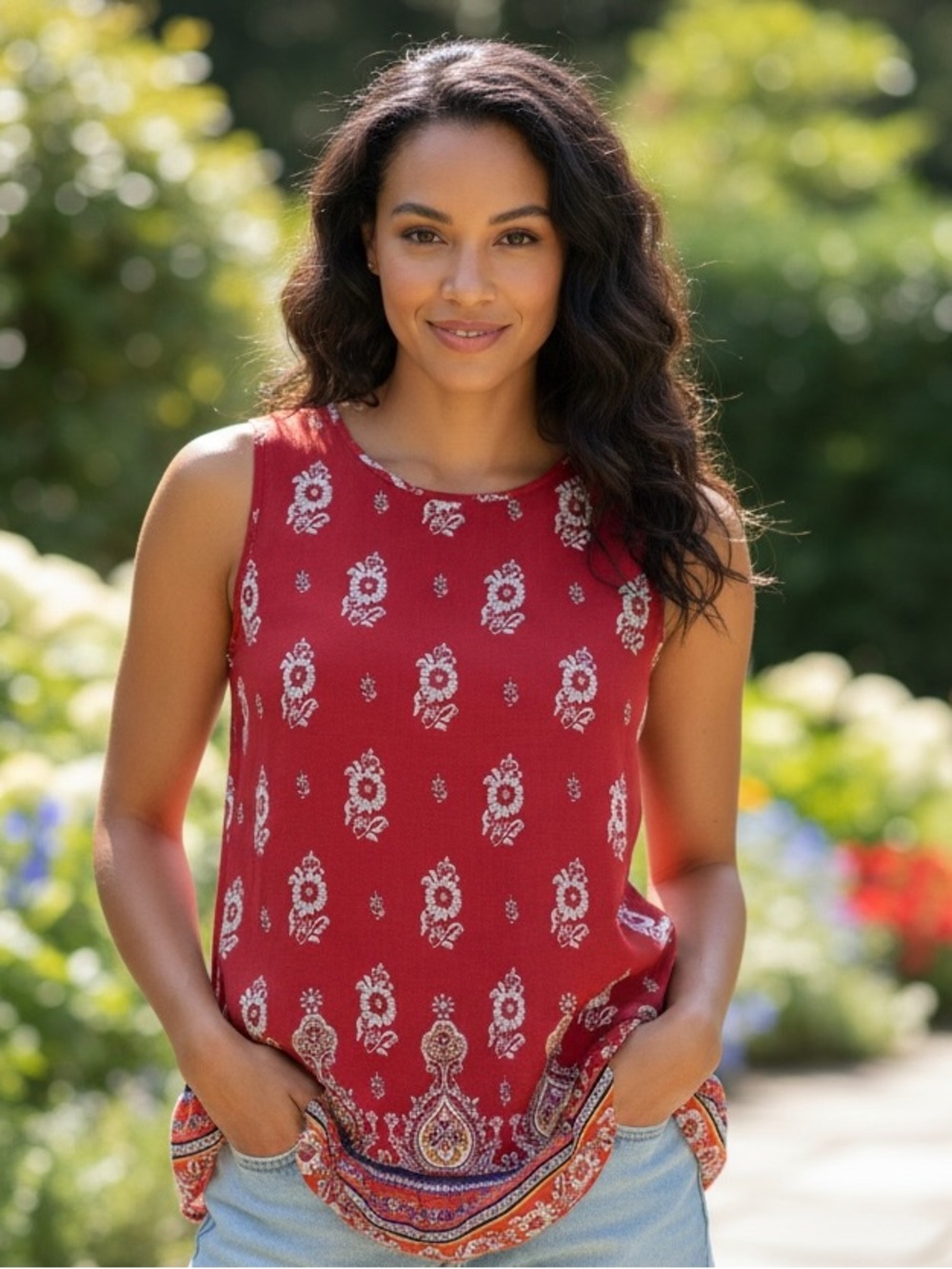 beachlunchlounge Floral Block Print Paisley Sleeveless Tunic Split Boho Cowgirl